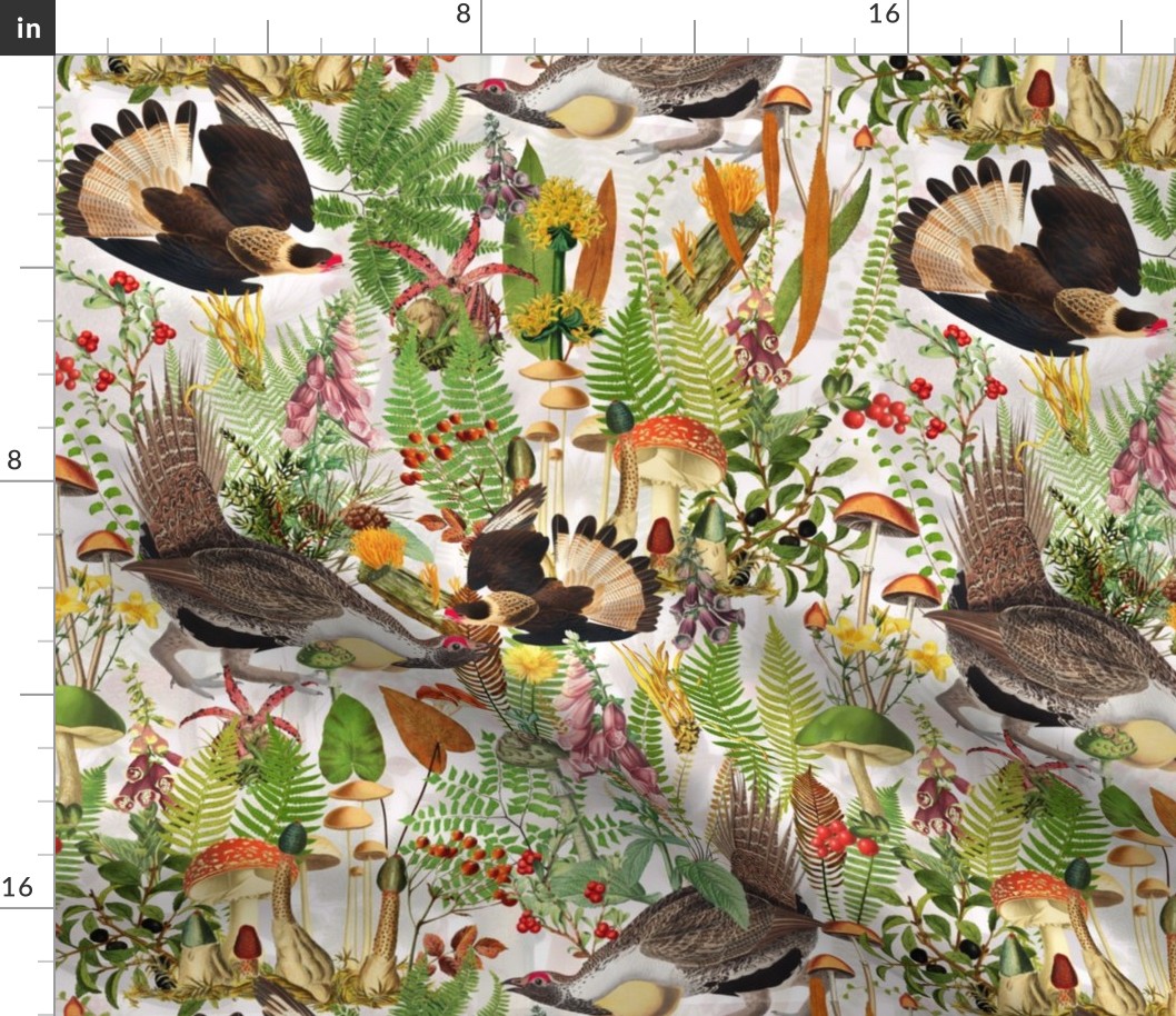 Capercaillie Forest Fight - Bird Dance- Nostalgic Dark Moody Florals Forest Psychedelic  Mushroom Birds Kitchen Wallpaper,  Vintage Edible Forest Fabric,  Antique Greenery, Fall Home Decor,  Woodland Harvest, off white double layer