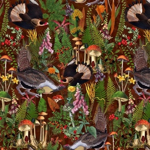 Capercaillie Forest Fight - Bird Dance- Nostalgic Dark Moody Florals Forest Psychedelic Mushroom Birds Kitchen Wallpaper,  Vintage Edible Forest Fabric,  Antique Greenery, Fall Home Decor,  Woodland Harvest, dark red double layer