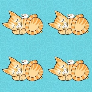 Sleepy ginger kitties and mousie friends on turquoise spirals