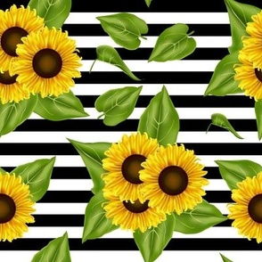 Sunny Sunflowers on Black and White Stripes