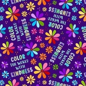 Small-Medium Scale Color The World With Kindness Rainbow Daisy Flowers on Purple