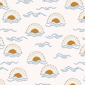 boho sun and ocean waves in orange and marigold - small scale