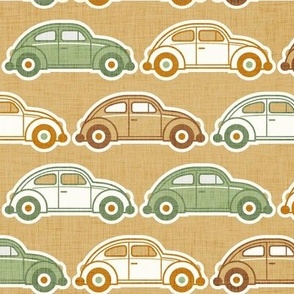 Vintage Cars- Green and Gold- Honey Mustard Background- Beetle-70s - Bohemian- Boho- Earth Tones Wallpaper- Medium