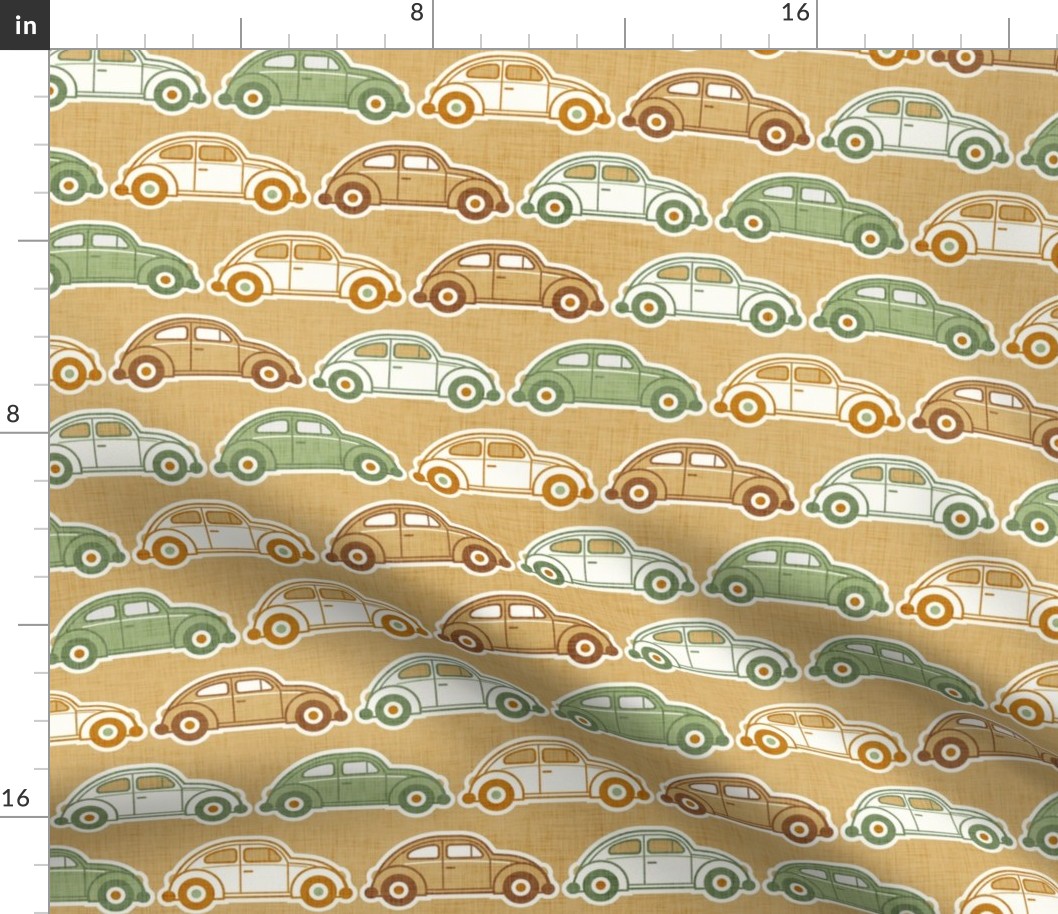 Vintage Cars- Green and Gold- Honey Mustard Background- Beetle-70s - Bohemian- Boho- Earth Tones Wallpaper- Medium