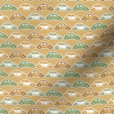 Vintage Cars- Green and Gold- Honey Mustard Background- Beetle-70s - Bohemian- Boho- Earth Tones Wallpaper- sMini