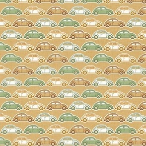 Vintage Cars- Green and Gold- Honey Mustard Background- Beetle-70s - Bohemian- Boho- Earth Tones Wallpaper- sMini