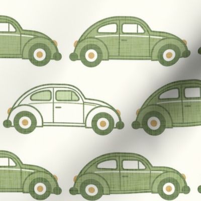 Vintage Cars- Green- Natural Background- Beetle-70s - Bohemian- Boho- Earth Tones Wallpaper- Large