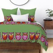Purple Owls in a line - Green