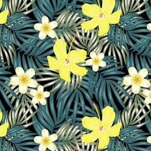 Tropical Palm Leaves with Yellow and White Flowers on Black