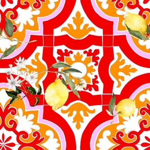 Red Mediterranean tiles,lemons,citrus,mosaic art