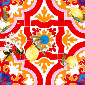 Red and blue Mediterranean tiles,lemons,citrus,mosaic art