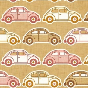 Vintage Cars- Pink and Gold- Honey Mustard Background- Beetle-70s - Bohemian- Boho- Earth Tones Wallpaper- Medium