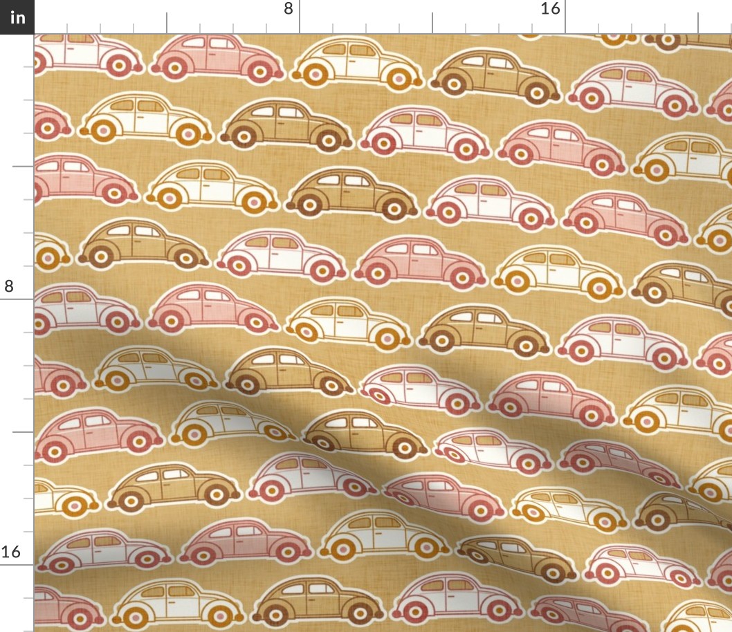 Vintage Cars- Pink and Gold- Honey Mustard Background- Beetle-70s - Bohemian- Boho- Earth Tones Wallpaper- Medium