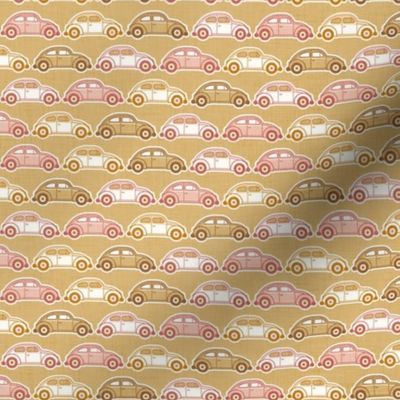 Vintage Cars- Pink and Gold- Honey Mustard Background- Beetle-70s - Bohemian- Boho- Earth Tones Wallpaper- Mini
