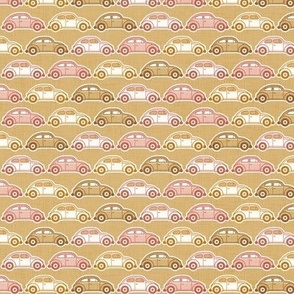Vintage Cars- Pink and Gold- Honey Mustard Background- Beetle-70s - Bohemian- Boho- Earth Tones Wallpaper- Mini