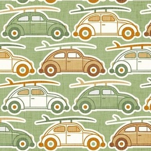 Vintage Cars with Surfboards- Green and Gold- Natural Background- Beetle- 70s - Beach Bohemian- Boho- Surf- Waves- Summer- Earth Tones Wallpaper- Medium