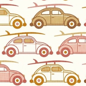 Vintage Cars with Surfboards- Pink and Gold- Natural Background- Beetle- 70s - Beach Bohemian- Boho- Surf- Waves- Summer- Earth Tones Wallpaper- Large