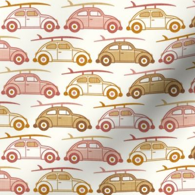 Vintage Cars with Surfboards- Pink and Gold- Natural Background- Beetle- 70s - Beach Bohemian- Boho- Surf- Waves- Summer- Earth Tones Wallpaper- Small