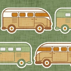 Vintage Vans- Green and Gold- Green Background- Vintage Cars- Camping Van-70s - Bohemian- Boho- Earth Tones Wallpaper- Large