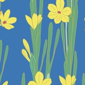 M. Hand drawn daffodil blooming plants | bright yellow flowers on calming blue, medium scale