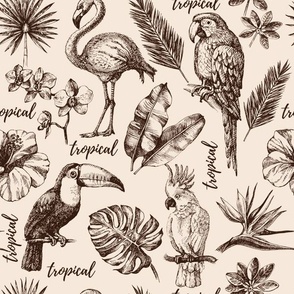Tropical Birds and Flowers in Sepia Tones - Coordinate
