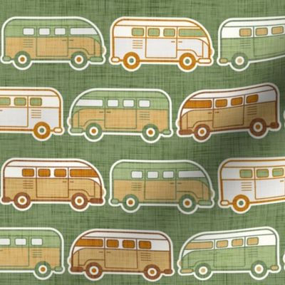 Vintage Vans- Green and Gold- Green Background- Vintage Cars- Camping Van-70s - Bohemian- Boho- Earth Tones Wallpaper- Small