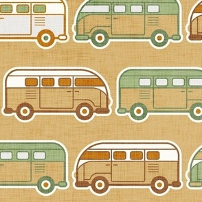 Vintage Vans- Green and Gold- Honey Mustard Background- Vintage Cars- Camping Van-70s - Bohemian- Boho- Earth Tones Wallpaper- Medium