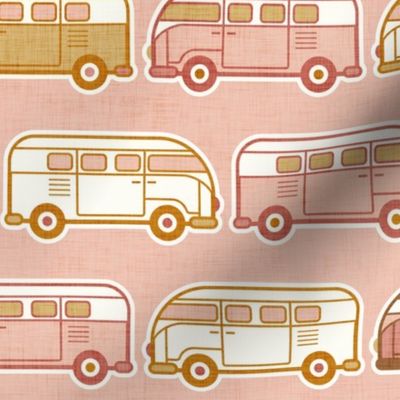 Vintage Vans- Pink and Gold- Pink Background- Vintage Cars- Camping Van-70s - Bohemian- Boho- Earth Tones Wallpaper- Medium