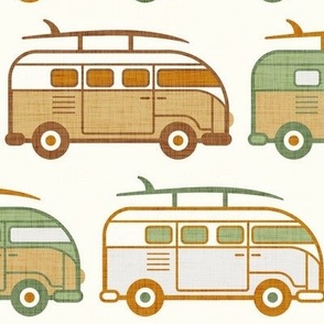 Vintage Vans with Surfboards- Green and Gold- Natural Background- Vintage Cars- Camping Van-70s - Beach Bohemian- Boho- Surf- Waves- Summer- Earth Tones Wallpaper- Large