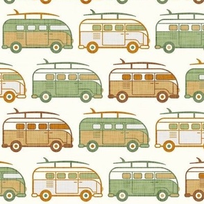 Vintage Vans with Surfboards- Green and Gold- Natural Background- Vintage Cars- Camping Van-70s - Beach Bohemian- Boho- Surf- Waves- Summer- Earth Tones Wallpaper- Small