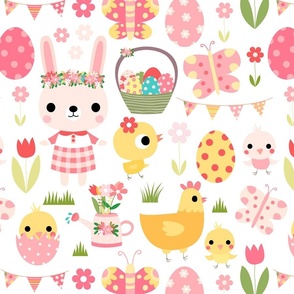 Cute Easter design with bunnies, chickens, flowers and butterflies 