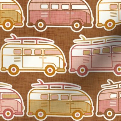 Vintage Vans with Surfboards- Pink and Gold- Terracotta Background- Vintage Cars- Camping Van-70s - Beach Bohemian- Boho- Surf- Waves- Summer- Earth Tones Wallpaper- Medium