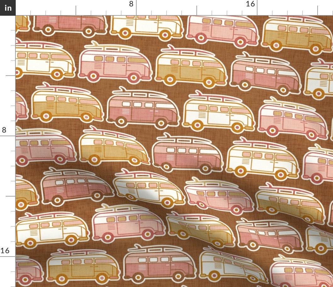 Vintage Vans with Surfboards- Pink and Gold- Terracotta Background- Vintage Cars- Camping Van-70s - Beach Bohemian- Boho- Surf- Waves- Summer- Earth Tones Wallpaper- Medium