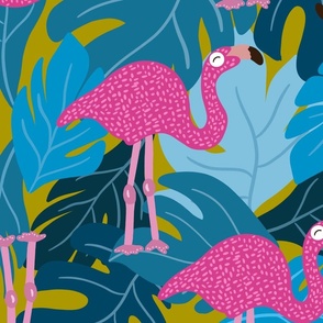 Flamingo nature - yellow green background 