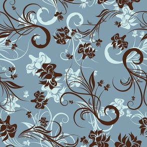 Brown and Light Blue Floral Flourishes on French Blue