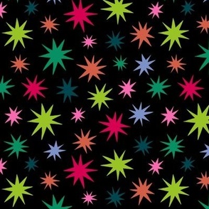 Multi Color Stars on Black with Periwinkle Pink Orange Teal Neon Green Magenta 