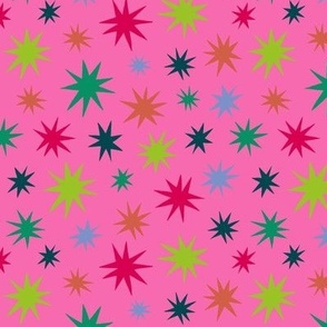 Multi Color Stars on Pink with Periwinkle Orange Teal Neon Green Magenta 