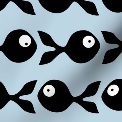 large - little fish swimming in black on light blue