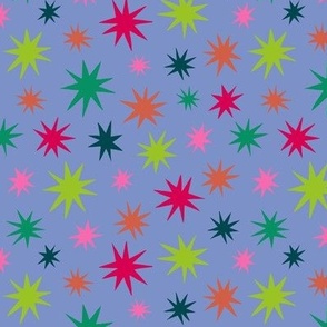 Multi Color Stars on Periwinkle with Pink Orange Teal Neon Green Magenta 