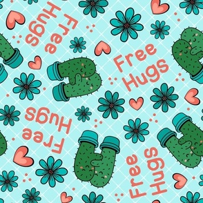 Large Scale Free Hugs Funny Prickly Cactus and Flowers on Blue