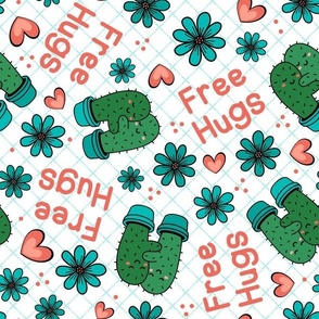 Large Scale Free Hugs Funny Prickly Cactus and Flowers on White