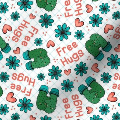 Medium Scale Free Hugs Funny Prickly Cactus and Flowers on White