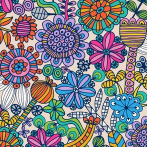 Coloring Book Exotic Doodle Flowers Line Drawing in Bright Rainbow Colours - LARGE Scale - UnBlink Studio by Jackie Tahara