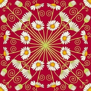 Art nouveau radial daisies on red