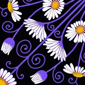 Art nouveau daisies purple stems on black large scale 