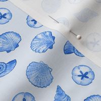 Blue Seashells Scattered - Ditsy  Scale - Watercolor Nautical Ocean Painted Monotone Beach House Coastal Cottage