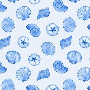 Blue Seashells Scattered - Ditsy  Scale - Watercolor Nautical Ocean Painted Monotone Beach House Coastal Cottage