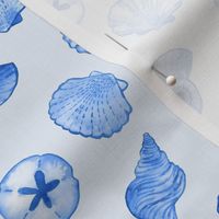 Blue Seashells Scattered - Small Scale - Watercolor Nautical Ocean Painted Monotone Beach House Coastal Cottage