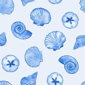 Blue Seashells Scattered - Small Scale - Watercolor Nautical Ocean Painted Monotone Beach House Coastal Cottage