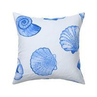 Blue Seashells Scattered - Large Scale - Watercolor Nautical Ocean Painted Monotone Beach House Coastal Cottage